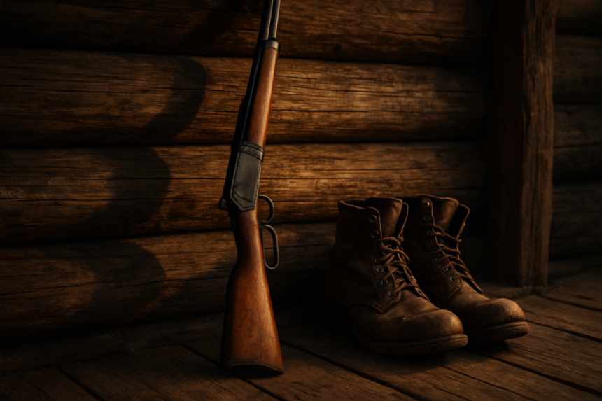 rifle by cabin wall