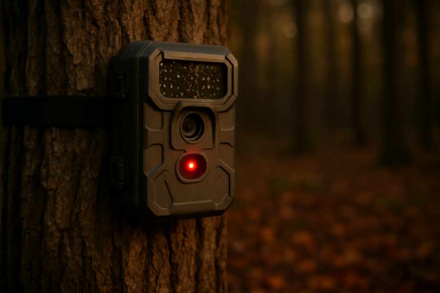 trail camera in autumn woods