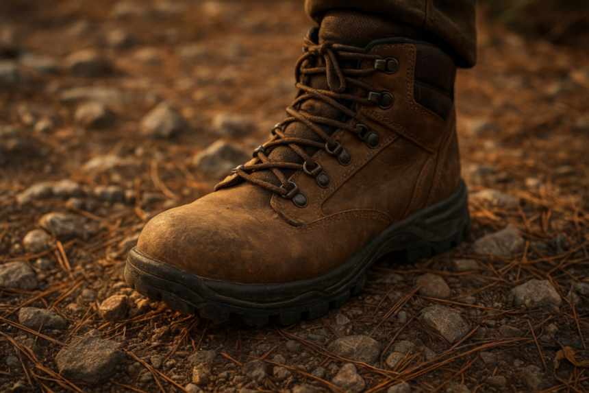 Hiking boot on rocky trail