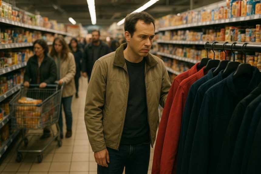 Supermarket red jacket glance