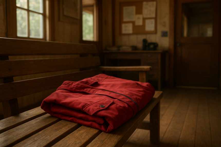 Red jacket on ranger bench