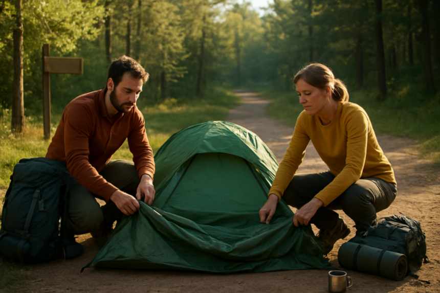 campers packing tent
