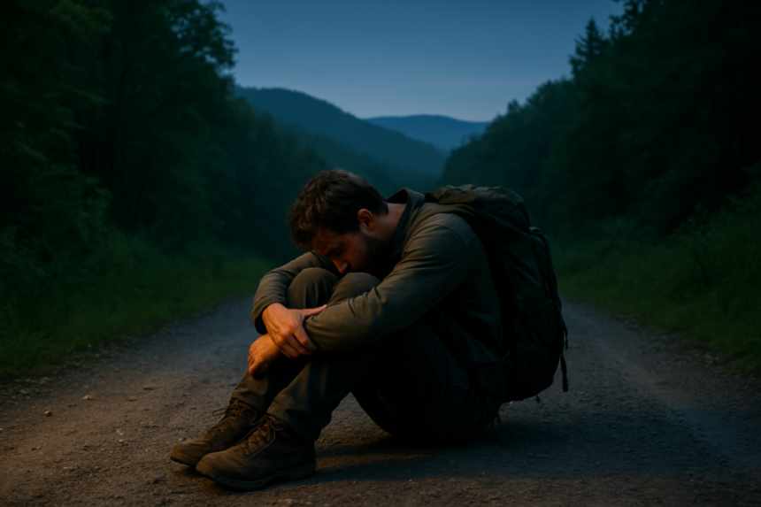 Exhausted on forest road