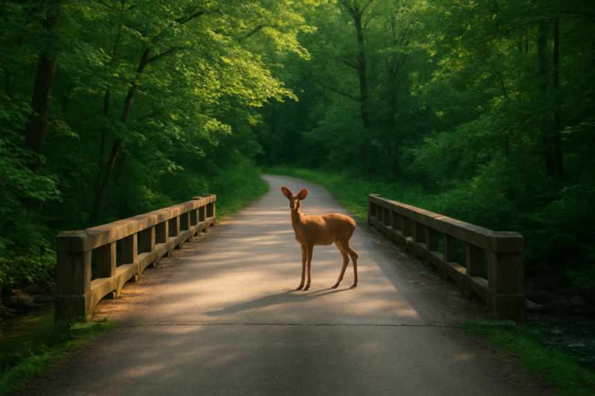deer on single-lane bridge