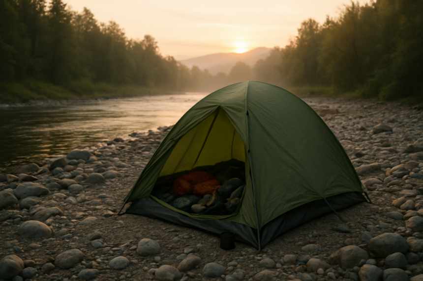 tent on gravel riverbank