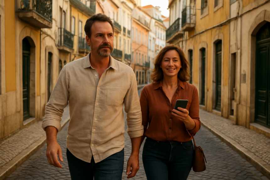 Couple exploring Lisbon streets