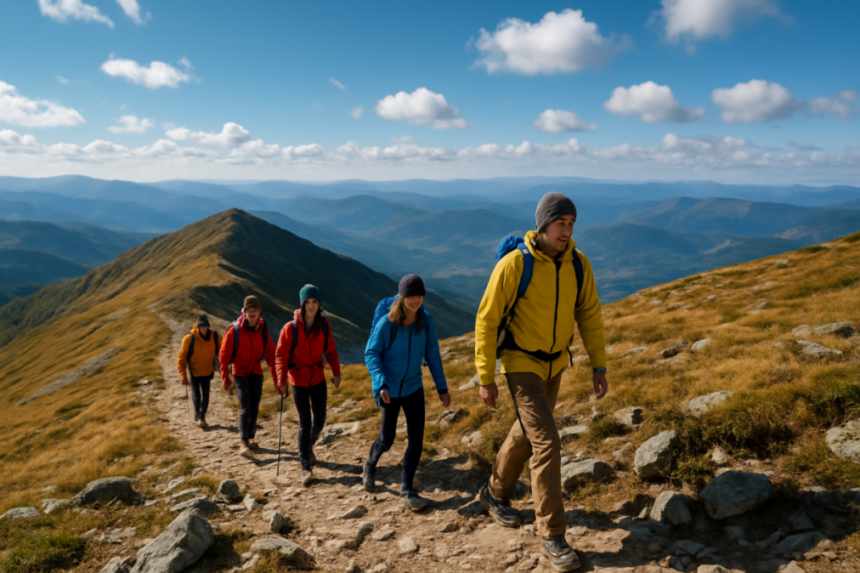 School group on mountain ridge