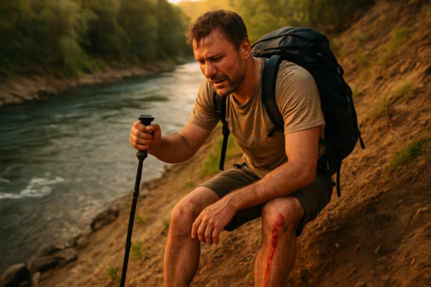wounded hiker by creek