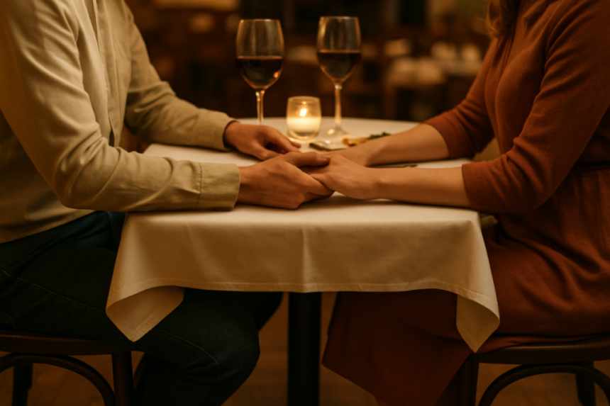 couple holding hands restaurant