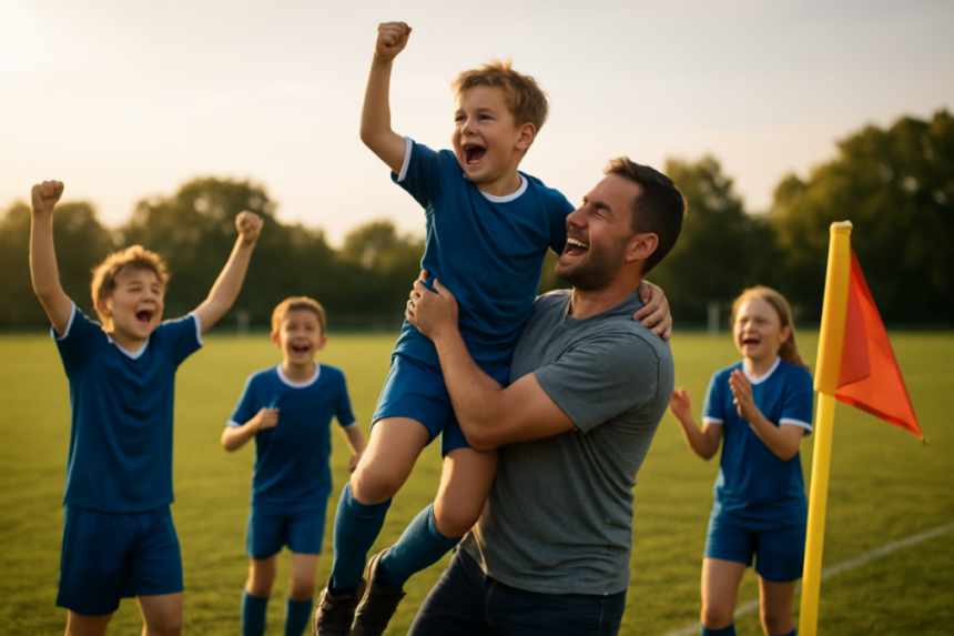 child celebrating football goal