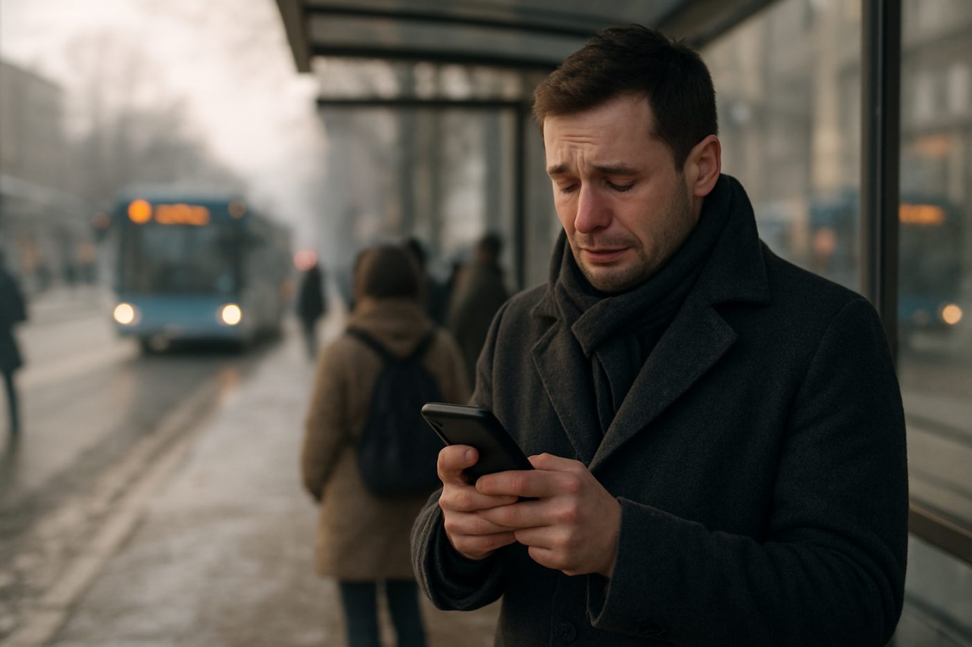 man crying at bus stop