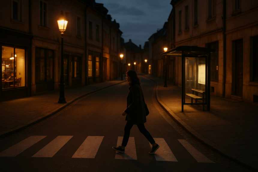 Woman crossing road at dusk
