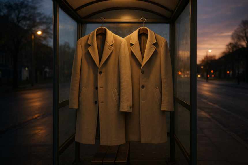 Doppelganger coats hanging side-by-side