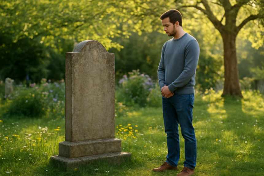 respectful visitor at grave