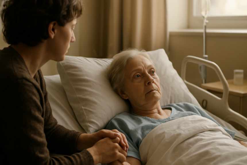 Dying mother looking past bed
