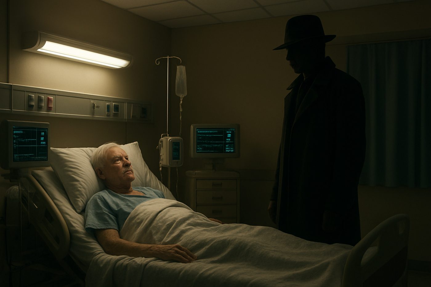 Hat Man at hospital deathbed