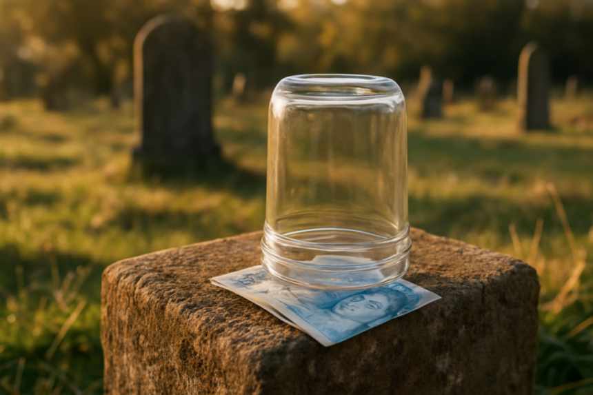 five-pound note on grave