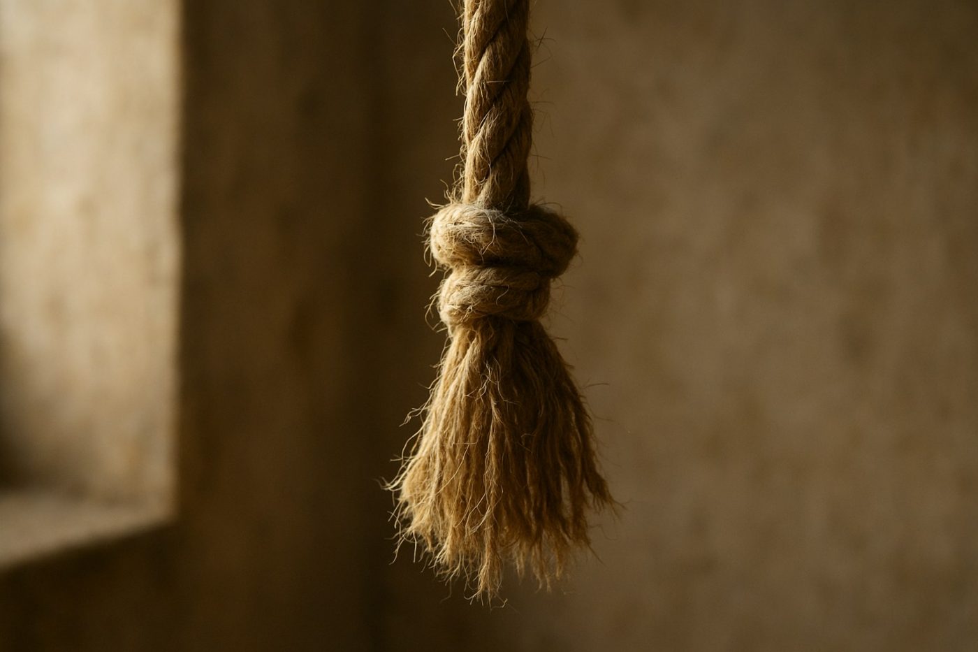 Frayed tied-off bell rope