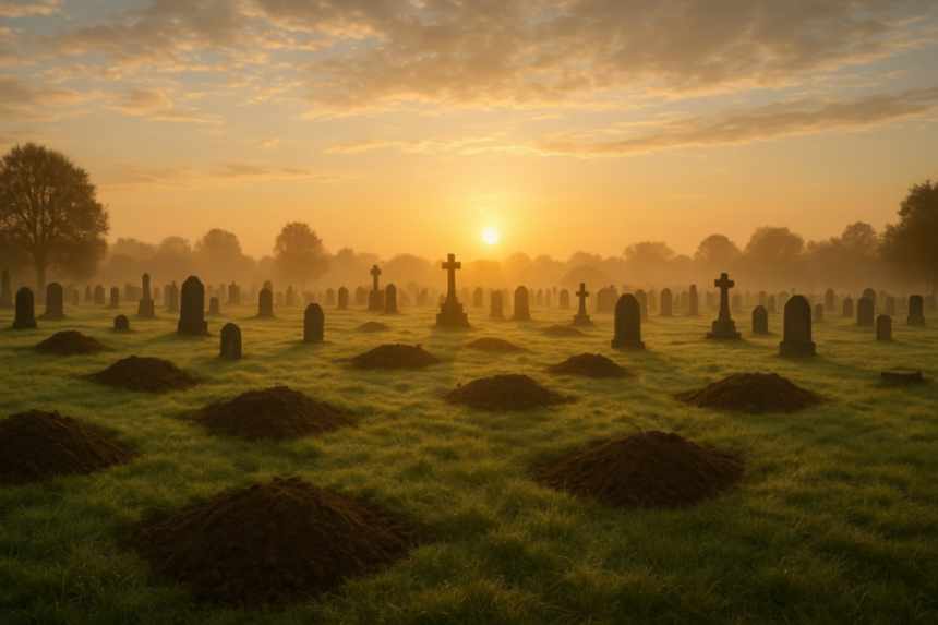 Cemetery graves at sunrise