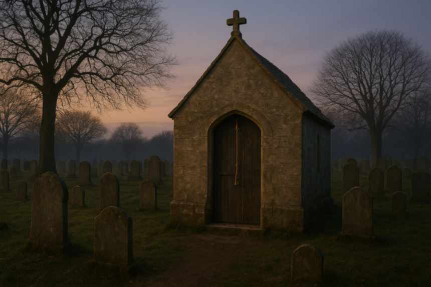 Cemetery chapel with tied bell rope