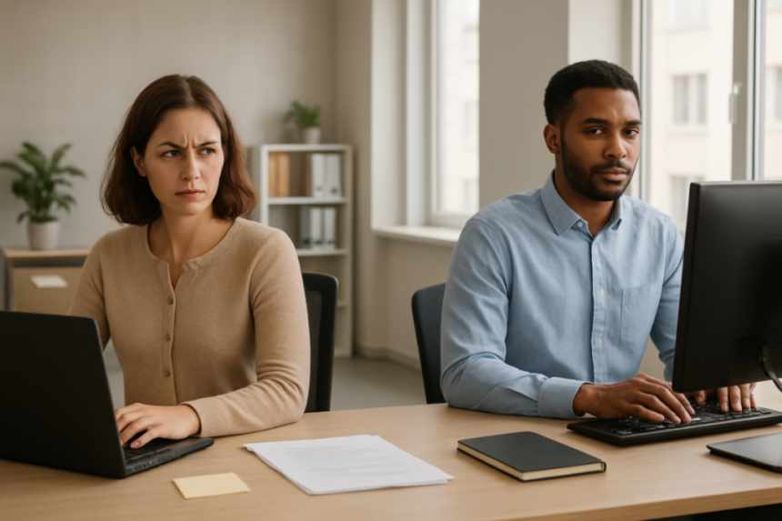 suspicious office glance