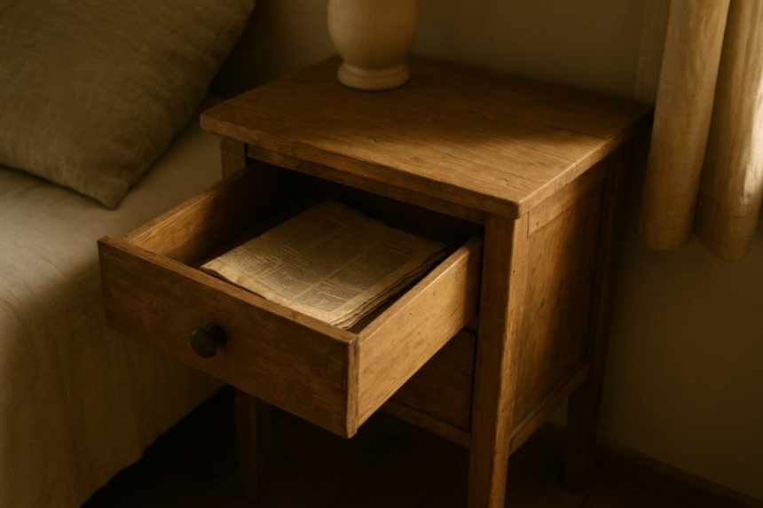 bedside drawer with newspaper