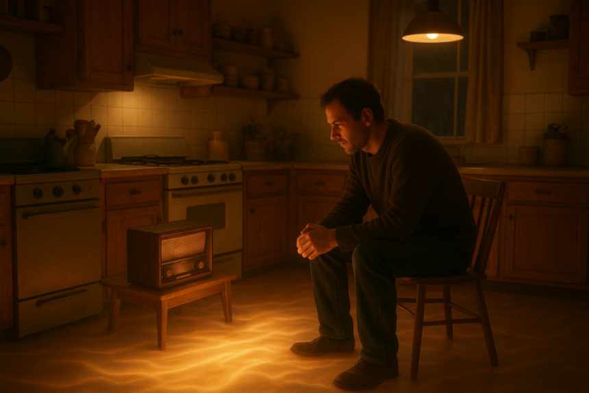 man listening radio surreal floor