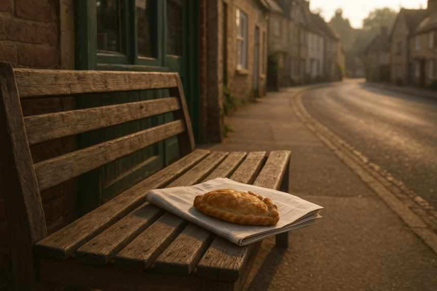 bench with newspaper and pasty