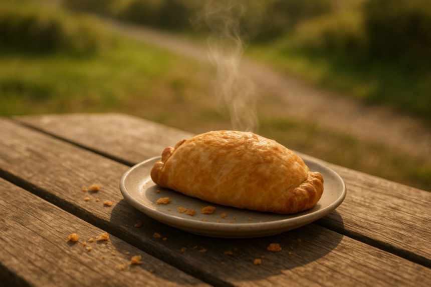 cold pasty on wooden bench