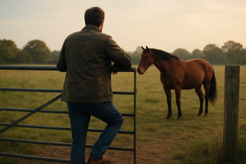 standing on gate watching horse