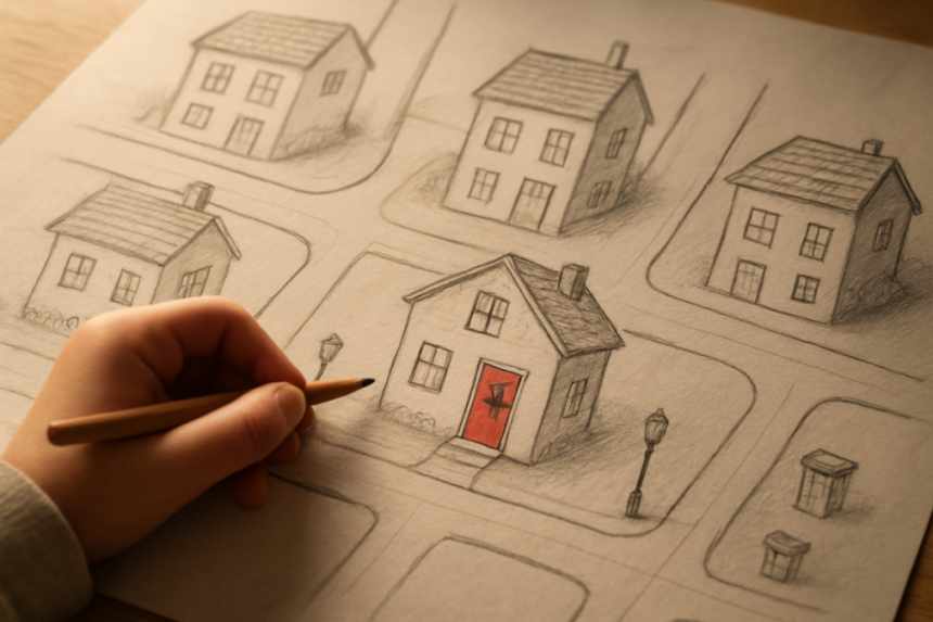 child’s drawing with red door