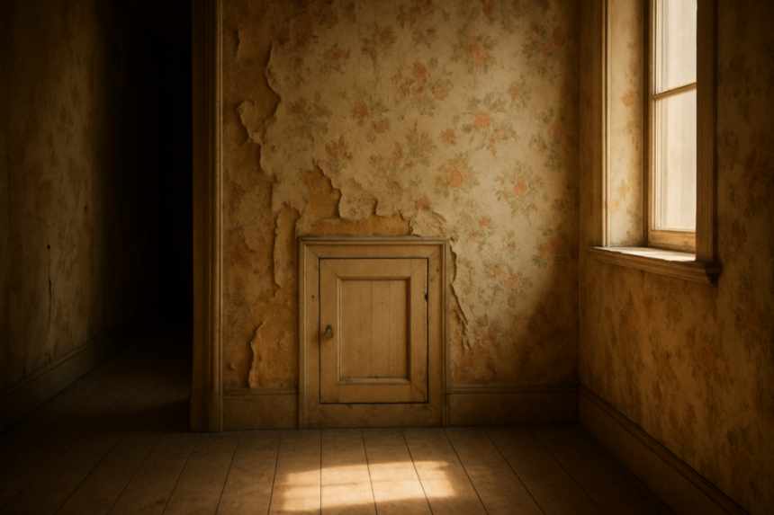 Hidden cupboard behind wallpaper