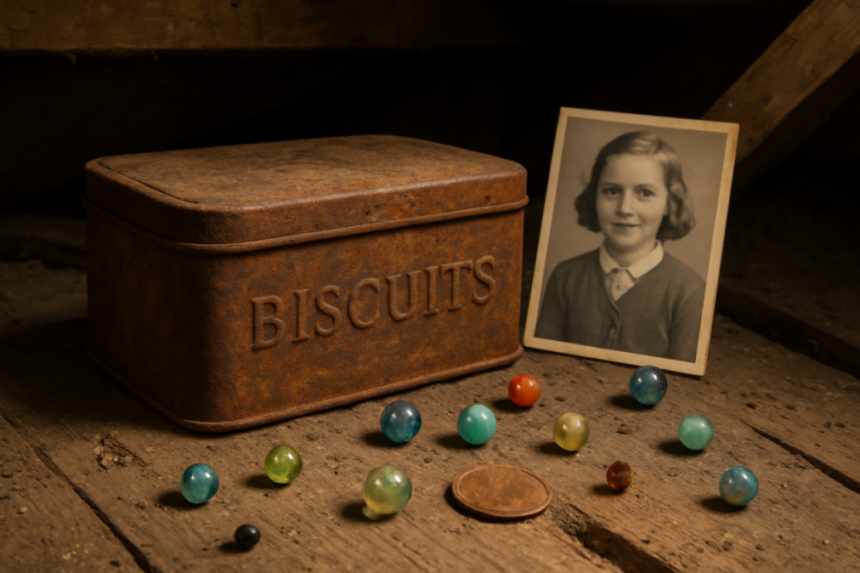 Dusty biscuit tin and keepsakes
