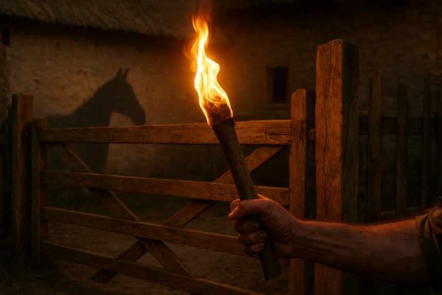 torchlit farmyard gate