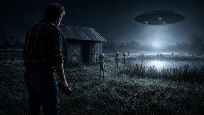 man with flashlight encounters grey aliens near UFO