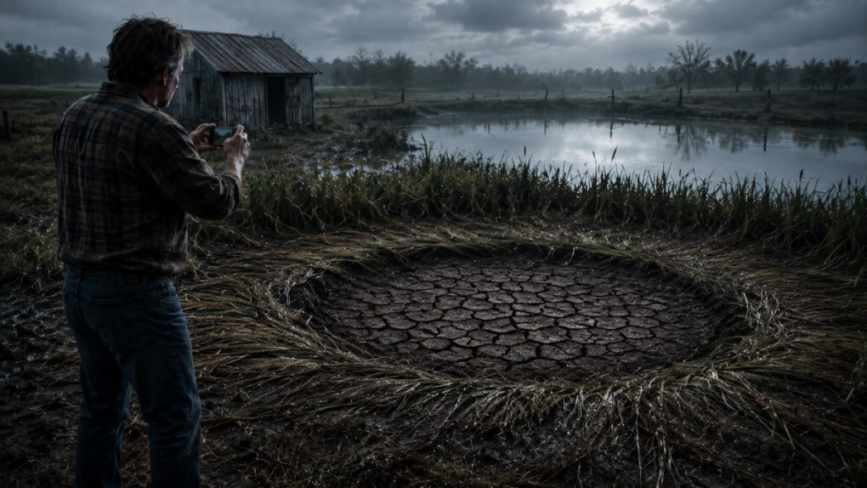 man photographing crop circle near pond at night