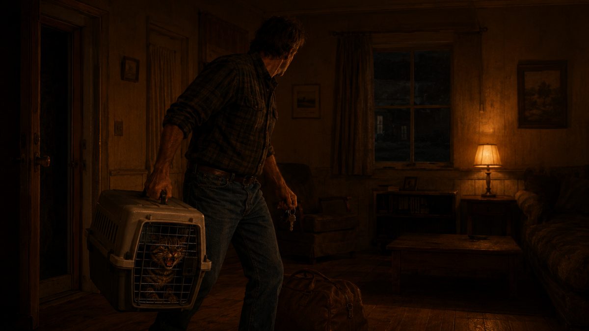 man carrying angry cat in dark room