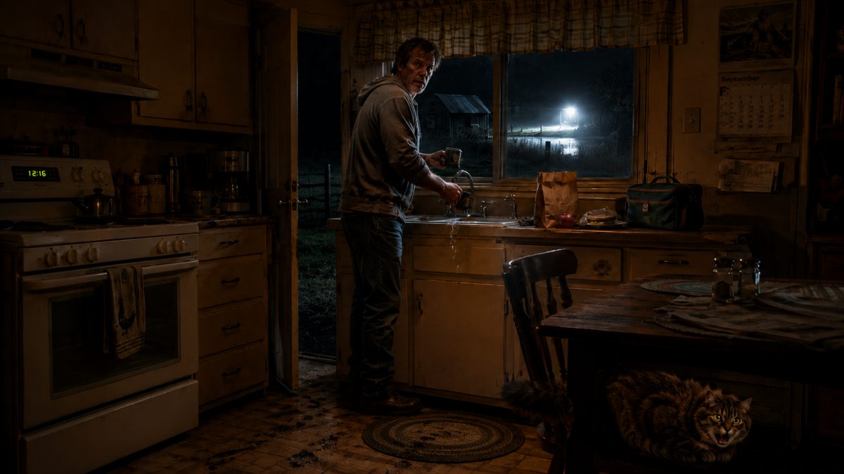 man washing dishes at night with cat