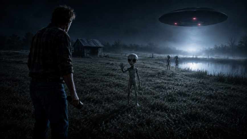 man faces grey aliens near pond under UFO sighting