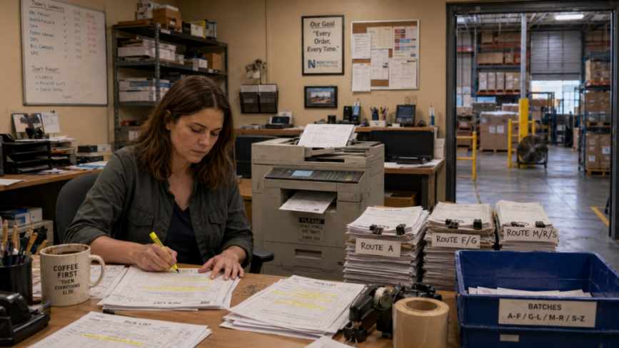 woman highlighting papers in warehouse work area