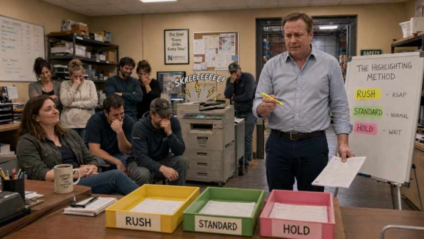 office workers amused by printer jam