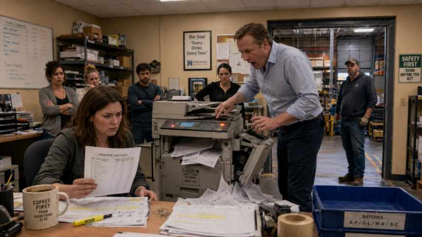 frustrated coworkers dealing with printer jam