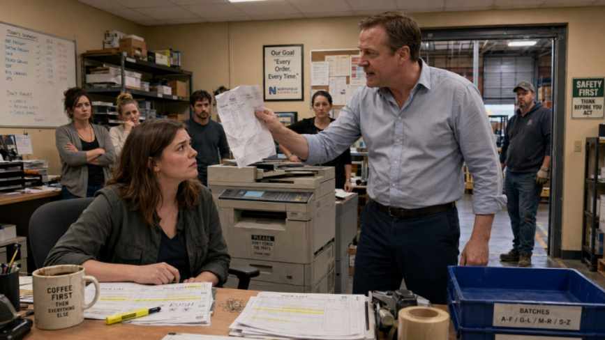 angry boss yelling at woman near printer