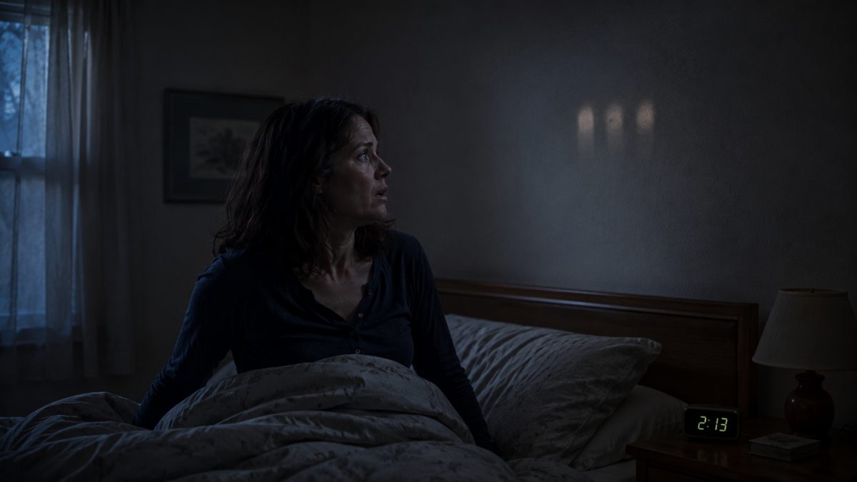 Woman awake in haunted house bedroom