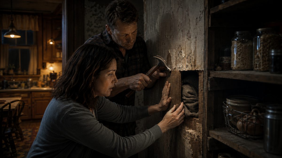 Couple uncovering hidden space in haunted house