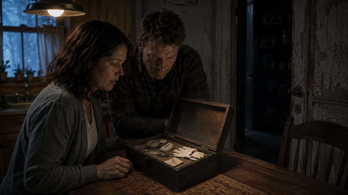 Couple examining strange box in haunted house