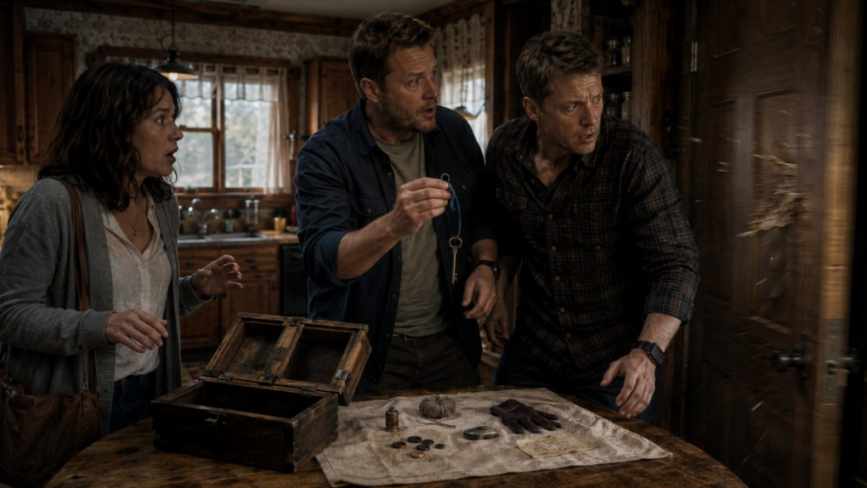 people in rustic kitchen with old box and key
