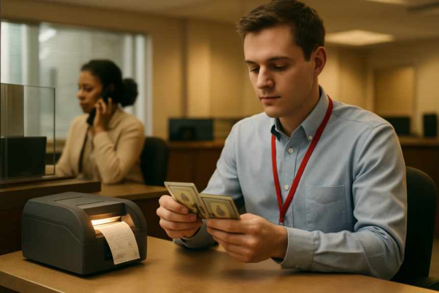 Bank teller counting cash