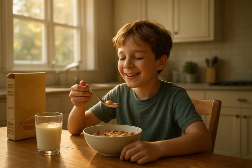 boy eating breakfast bright