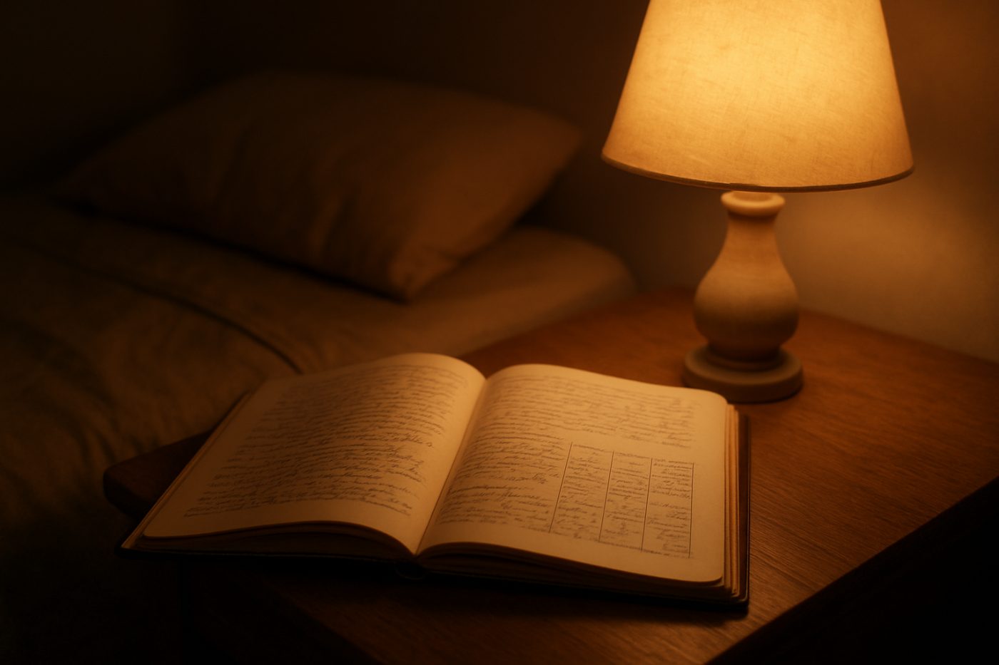 Notebook by bedside lamp